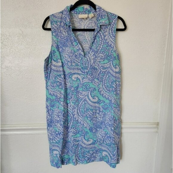 Cynthia Rowley Linen Dress US 8 Blue Paisley Print Sleeveless Pockets Summery - Picture 2 of 9